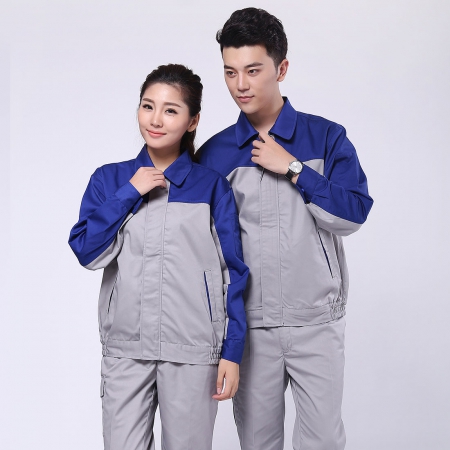 艳蓝配浅灰涤棉纱卡物业保洁工作服AC072-FC